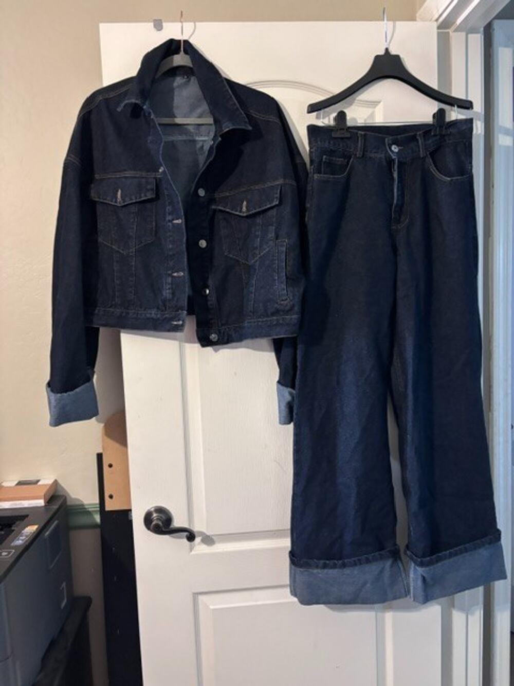 Women's Dark Wide Leg Blue Jean Pants and matching Oversized Jean Jacket SZ M